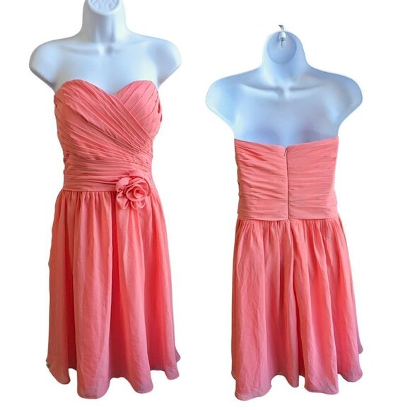 JJs House Dresses & Skirts - JJ'S HOUSE Coral Pink Strapless Chiffon Bridesmaid Prom Pleated Mini Dress Sz 10